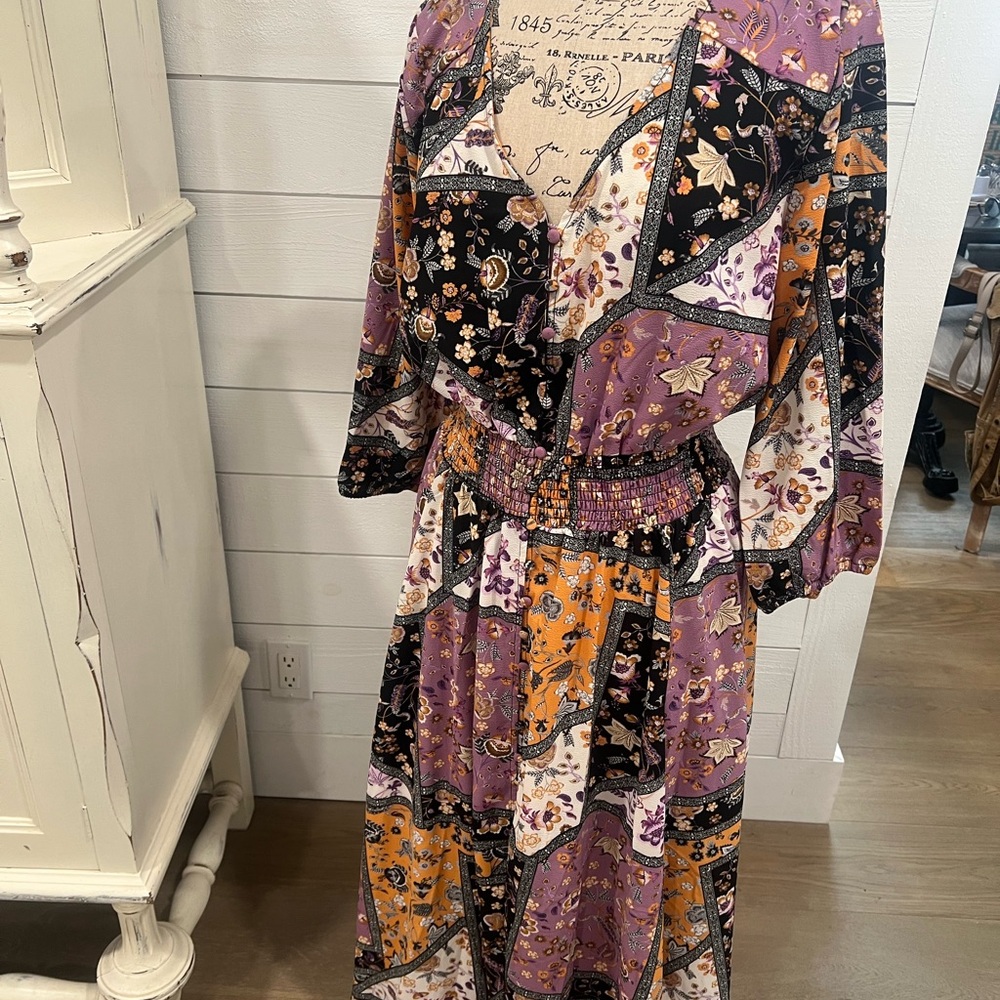 City Chic Patchwork Long Sleeve Dress - Purple, Orange, Black